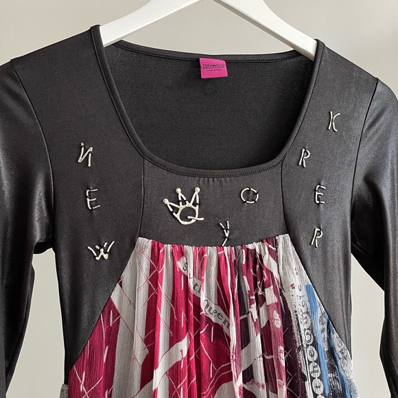 Save the Queen Italy Y2K Vintage “NEW YORKER” Wet Look Silk Chiffon Dress - Picture 3 of 7